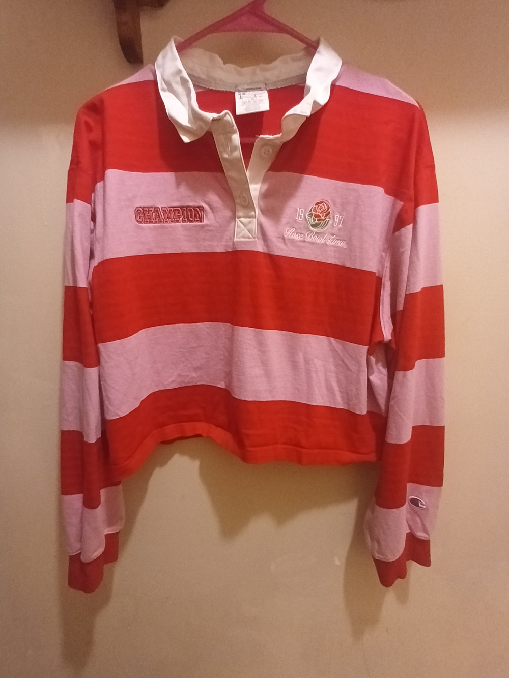 Champion Red and Light Pink/Red Striped Button-Down Rugby Shirt